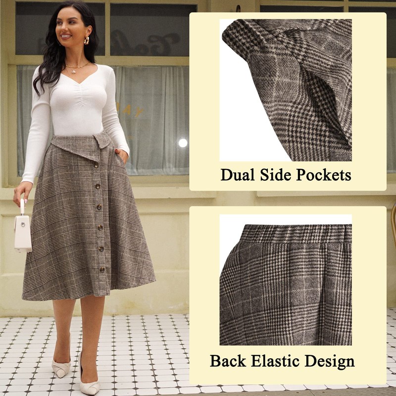 ZAFUL Women's Winter Skirt Plaid A-Line Pleated Midi Skirt High