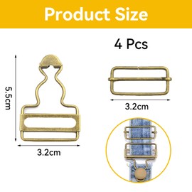 FEZTGVOFA 4 Pcs Dungaree Clips, Dungaree Clips, Bronze Overall Clasp Replacement, Stainless Steel Dungarees Slider Fasteners, Adjustable Tri Glide Slide Buckle and Buttons, for Jeans Suspender
