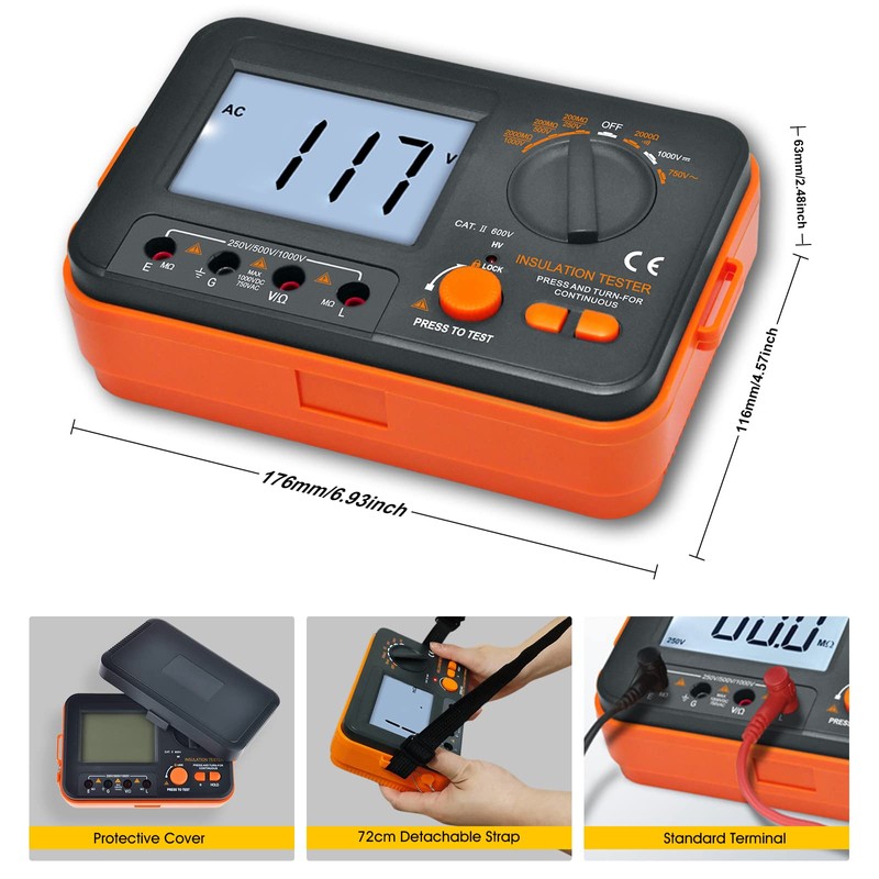 Digital Megohmmeter, Kethvoz 1000V Insulation Tester, Insulation Resistance 0.1MΩ-2GΩ with