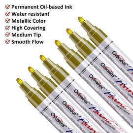 Gold Paint Markers Pens - Single color 6 Pack Permanent Oil Based Paint Pen, Medium Tip, Quick Dry and Waterproof Marker for Rock, Wood, Fabric, Plastic, Canvas, Glass, Mugs, Canvas, Glass