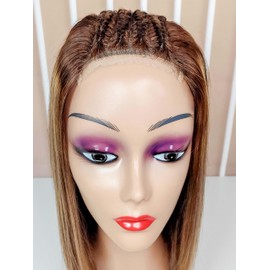 LSXCSM Women Glueless Omber Highlights Bob Wig Human Hair 4/27 Wear And Go Top Cornrow Braided Brown 4x4 Lace Front Bob Wigs (10 Inch)