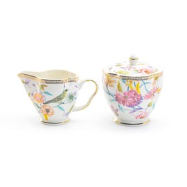 Grace Teaware Gift Boxed Spring Flowers with Bird Fine Porcelain Sugar and Creamer Set