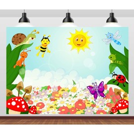 CORFOTO 7x5ft Fabric Cartoon Spring Garden Woodland Backdrop Flowers Insect Background Garden Theme Backdrop Birthday Baby Shower Photography Background Banner Photo Shoot