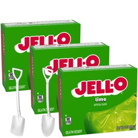 Instant Gelatin Dessert Mix - 3 oz Boxes (Pack of 3) - With Mini Shovel Spoons (Lime) - Metal Spoons