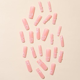 Pikabows Press On Nails Long Coffin French Swirl Pearl Whirlpool Fake Nails Acrylic False Nail Tips Kit Glue on Nails for Women