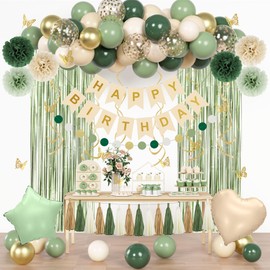 Sage Green Birthday Party Decorations for Women Girls, Green Olive Gold Sand White Confetti Foil Balloons Happy Birthday Banner Fringe Curtain Hanging Swirls Circle Dots Tassels Pompoms Party Supplies