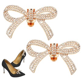 HKYLRAT 2pcs Rhinestone Shoe Clips, Classic Detachable Bow Heels Accessories Shoe Decoration Fashion Bridal Wedding Shoe Charms (Gold)