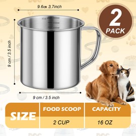 2 Pcs Dog Food Scoop 2 Cup,304 Stainless Steel Dog Food Measuring Cup,2 Cup Scoop for Dogs, Cats, Birds & Rabbits
