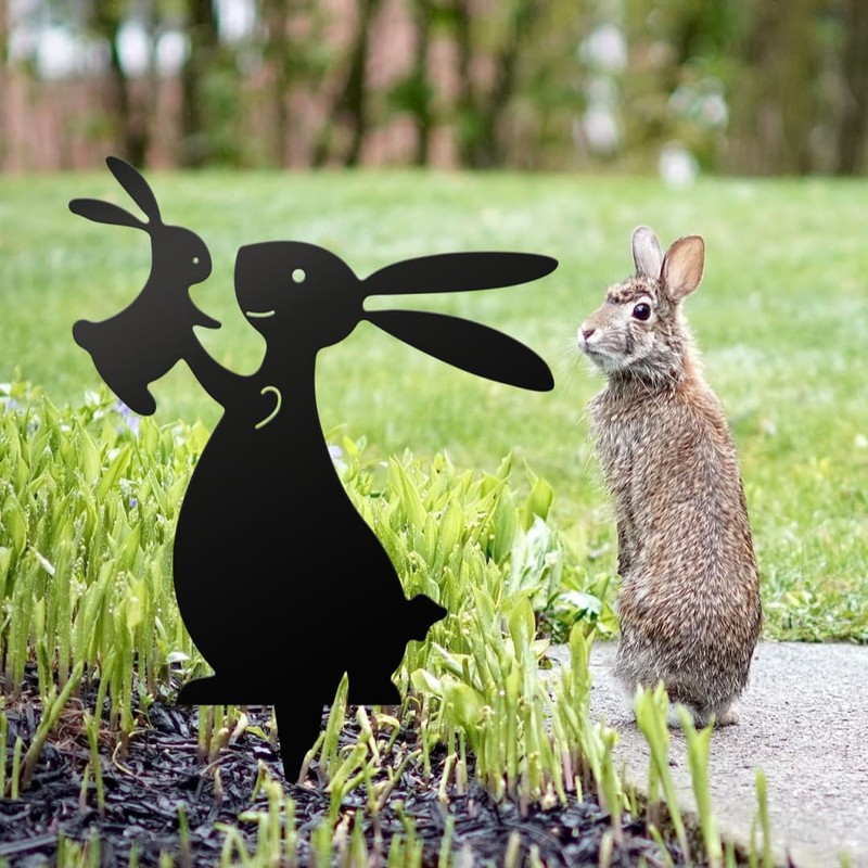 Set 3 Metal Rabbit Garden Stakes Bunny Front Yard Black
