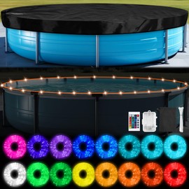 JaGely 10 Ft Round Pool Cover and 32.8 Ft Pool Lights for Above Ground Pools Waterproof Solar Covers Summer Pool Cover Protector with Remote Control LED Pool Lights for Outdoor Swimming Pool