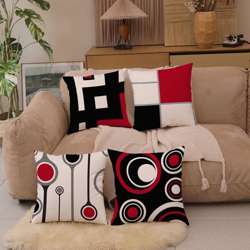 EZVING Set of 4 White Black Red Modern Abstract Geometric