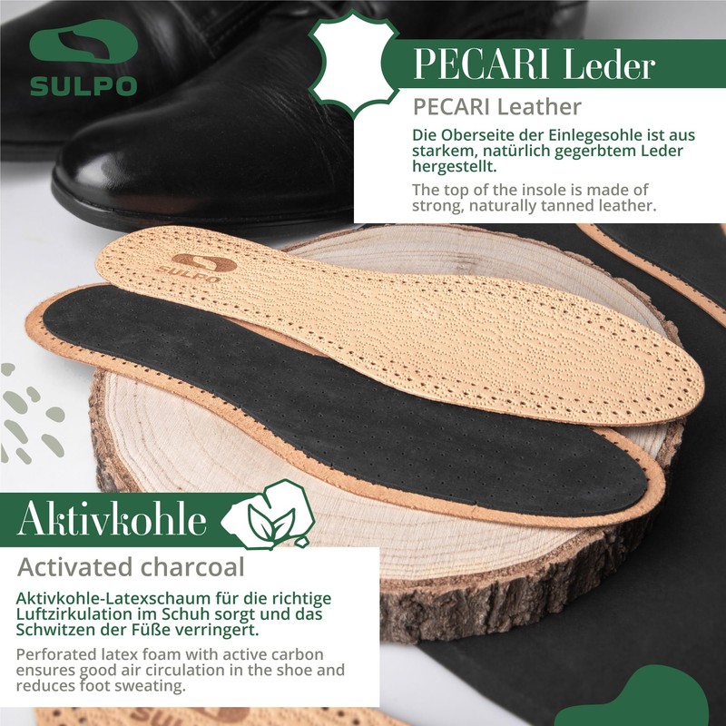 SULPO 3 Pairs Premium Leather Activated Carbon Insoles, Odour Absorber,