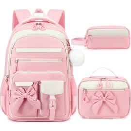 3PCS Backpack for Girls, Girls Backpack for School with Lunch Box Pencil Case, Cute Kids Teens Bookbag for Kindergarten Elementary Preschool Middle School (Pink)