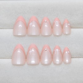 Press On Nails Almond Short Square Ballet Shaped, Cute Design Flower Bow Fake Nails, Stick On Nails,Glue on Nails on 24PCS (Light Pink French)