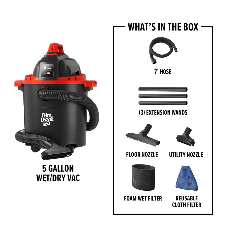 Dirt Devil 5 Gallon Corded Wet Dry Shop Vacuum, Portable,