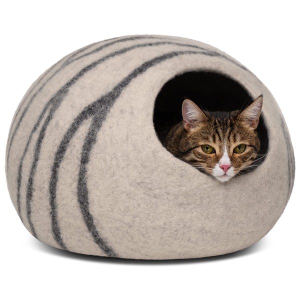 MEOWFIA Premium Felt Cat Bed Cave - Handmade 100% Merino Wool Bed for Cats and Kittens (Light Shades) (Medium, Light Grey)
