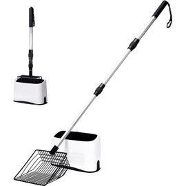 PETOCAT Metal Cat Litter Scoop with Holder, 43" Extendable Long Handle Cat Scooper for Litter Box, Solid & Durable, Deep Shovel for Fast Sifting, Large Pet Pooper Scooper for Kitty/Outside Dog Poop