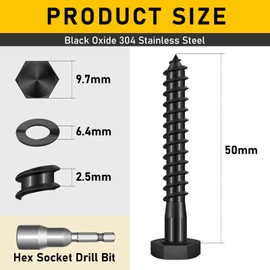Valorada 20Pcs M6 x 50mm Coach Screws, Heavy Duty Lag Bolts 304 Stainless Steel, 50mm Wood Screws, Hex Head Partial Thread Black Oxide, with Washers and Hex Socket Drill Bit