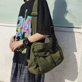 Canvas Tote Bag Hobo Crossbody Handbag Big Capacity Messenger Bag with Multiple Pockets Casual Shoulder Bag for Women Men (Army Green)