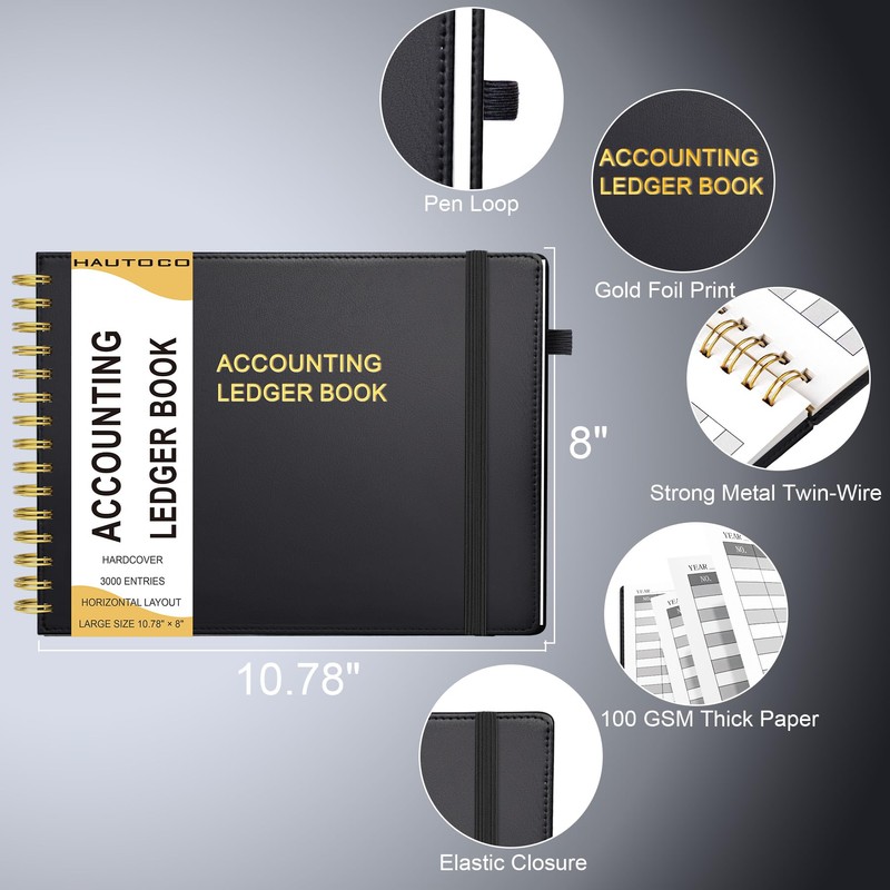 HAUTOCO Hardcover Accounting Ledger Book for Small Business Bookkeeping Horizontal