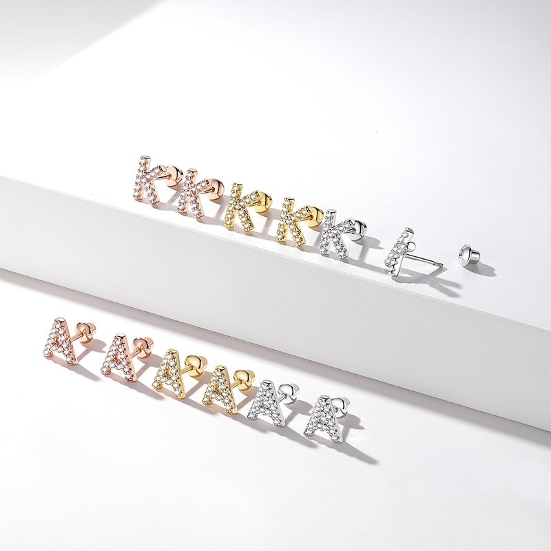 Initial Stud Earrings for Women, 925 Sterling Silver Post Screw