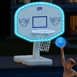 Solar Pool Basketball Hoop with Lights  Oversized Toys 2 Balls/Pump for Poolside Water Game LED Goal Inground & Deck - Swimming Kids Adults - Size: Pool Basketball Hoop