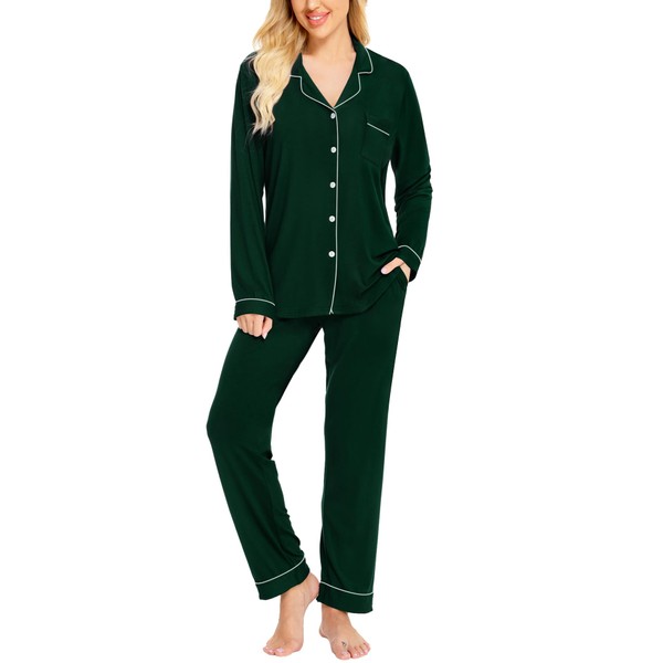 SWOMOG Womens Pajamas Set Long Sleeve Sleepwear Button Down Nightwear Soft Pj Lounge Sets With Pockets A-green