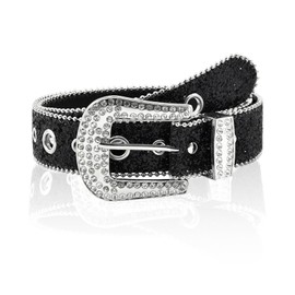 JK Home 114cm Sparkly Rhinestone Western Cowgirl Goth Rock PU Belt, Bling Diamond Cowboy Leather Punk Belt for Women Men, Shiny Sequin Waistband Strap for Jeans Pants Dresses 3.8cm Black