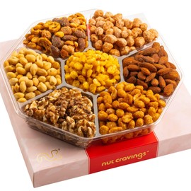 NUT CRAVINGS - Valentines Day Mixed Nuts Gift Basket in Red Gold Classic Box (7 Assortments, 1 LB) Xmas Treats for Adults, Food Arrangement, Healthy Snack Care Package, Kosher