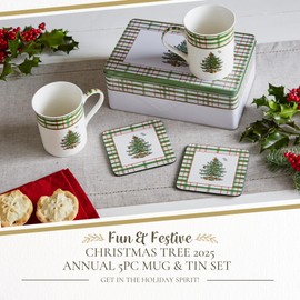 Spode Christmas Tree 5-Piece Mug & Tin Set - Fine China Mugs & Cork Coasters, Holiday Gift Set with Plaid Tartan Accents - For Breakfast Tables, Holiday Entertaining, Festive Kitchen Displays