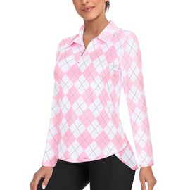 Tanst Sky Golf Shirts for Women, Ladies Loose Fit Long Sleeve Golf Polo Outfits Dry Fit V Neck Athletic Gym Workout Tops Lightweight Quarter Zip Pullover Pink Plaid 2XL