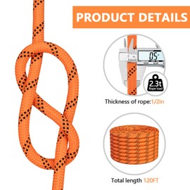 X XBEN Braided Polyester Arborist Rope 1/2 inch X 120ft, 48 Strands, 12 Inner core,5174 LBS Breaking Strength Outdoor Ropes, Arborist Rigging Rope for Rock Hiking Camping Swing Tree Rescue,Orange