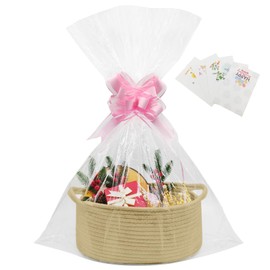 Gift Baskets Empty,1 Pcs Empty Hamper Basket with 2 Transparent Bags and 2 Pull Bows,Cotton Rope Basket for Baby Shower,Wedding,Birthday,Easter,Graduations(33x20x13 cm) (Coffee 1Pcs)