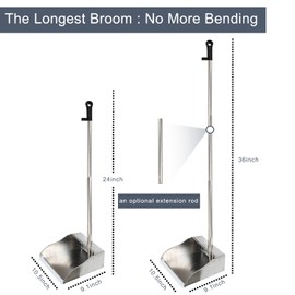 Metal Dustpan Long Handle Stainless Steel Dustpan,Heavy Duty Standing Dust Pan with Teeth, Indoor Outdoor Up for Home Kitchen Lobby Room Office