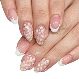 24Pcs Press On Nails Short False Nails, Short Almond Nail Tips | French White Tip Nude Pink Fake Nails With White Golden Flower | Nail Art Accessories Removable Glossy Full Cover Stick On Nails