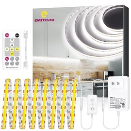 EMITEVER COB LED Strip Lights Kit White with Remote & 24V Power Supply,16.4ft Dimmable Tape Light 5000K, High Density 2400LEDs, 300+LM/FT, CRI90+, Suitable for Bedroom Kitchen Cabinet Lighting