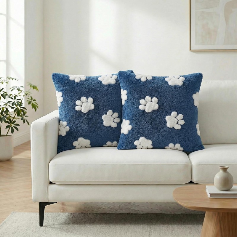 Spring Summer Pet Dog Paws Dark Blue Throw Pillow Covers