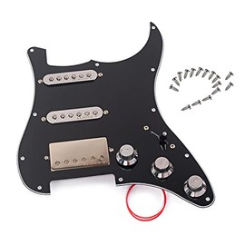 LAMSAM Prewired Strat Pickguard with SSH Pickup Set, 3-ply Pick Guard Loaded High Output Alnico V Single Coil Humbucker Pick-ups, Electric Guitar Scratchplate as Luthier Replacement Parts,Black