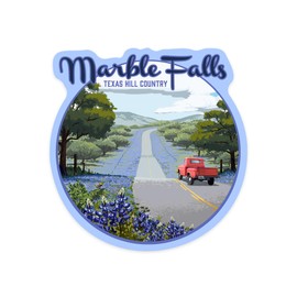 Die Cut Sticker Marble Falls, Texas, Bluebonnets and Highway, Contour Vinyl Sticker 1 to 3 inches (Waterproof Decal for Cars, Water Bottles, Laptops, Coolers), Small