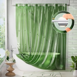 AmazerBath No Hook Shower Curtain Liner, 100% EVA Heavy Duty Hookless Shower Curtain and Liner 3-in-1, 72x75 Luxury Soft Shower Liner with 3 Heavyweight Stones, Clear Green