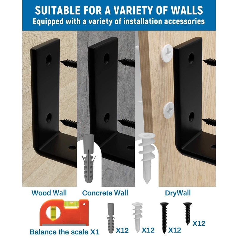 LEOPO 12 inch Shelf Brackets 6-Pack ,1/5 inch Thick Heavy