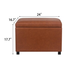 Asense 24'' Small Square Ottoman with Lift Off Lid, Storage Cube Leather Ottoman for Foot Rest, Footstool for Dorm, Living Room, Bedroom, Cognac Brown