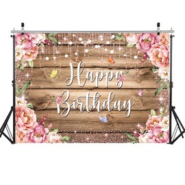 Wood Flower Happy Birthday Backdrop 8x6FT Pink Floral Butterfly Romantic Birthday Photography Background for Girls Women Birthday Party Decoration Supplies Photo Props
