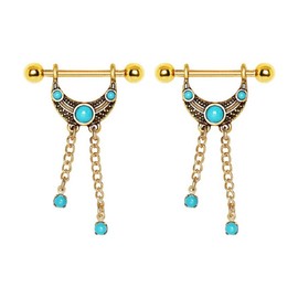 PIERCE ME (2pcs) Vintage Gold Plated Turquoise Accented Tribal Nipple Shield