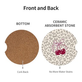 Absorbent Car Coasters for Cup Holders, 2 Pack Universal Anti Slip Ceramic Cup Coaster for Women Men 2.56 Inch Car Interior Accessories - Bow Tie Cherry Leopard 008