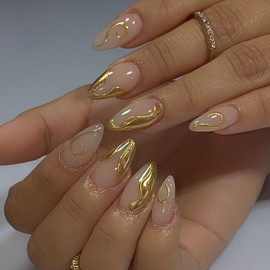 24Pcs Gold Press on Nails Short Almond Fake Nails 3D Gold Irregularity Chrome Design Reusable Acrylic Nails French False Nails Glitter Glossy Full Cover Glue on Nails Women Manicure Decorations