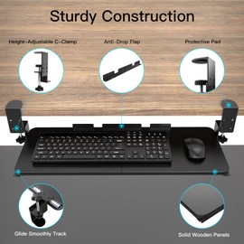Ergonomic Keyboard Tray Under Desk Pull Out with Adjustable C-Clamp Mount, Slide-Out Computer Keyboard and Mouse Platform Drawer for Office and Home Typing (Black)