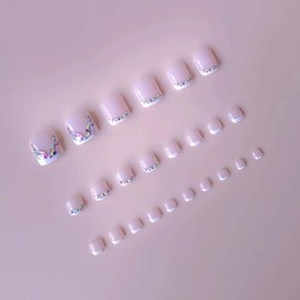 White French Tip Press on Toenails Short Square Pink Fake Toenails Glitter Rhinestone Stick on Toe Nails Glossy Acrylic Toe Nails for Women Bling Toenail Press Ons Gel Summer False Toenails Supplies