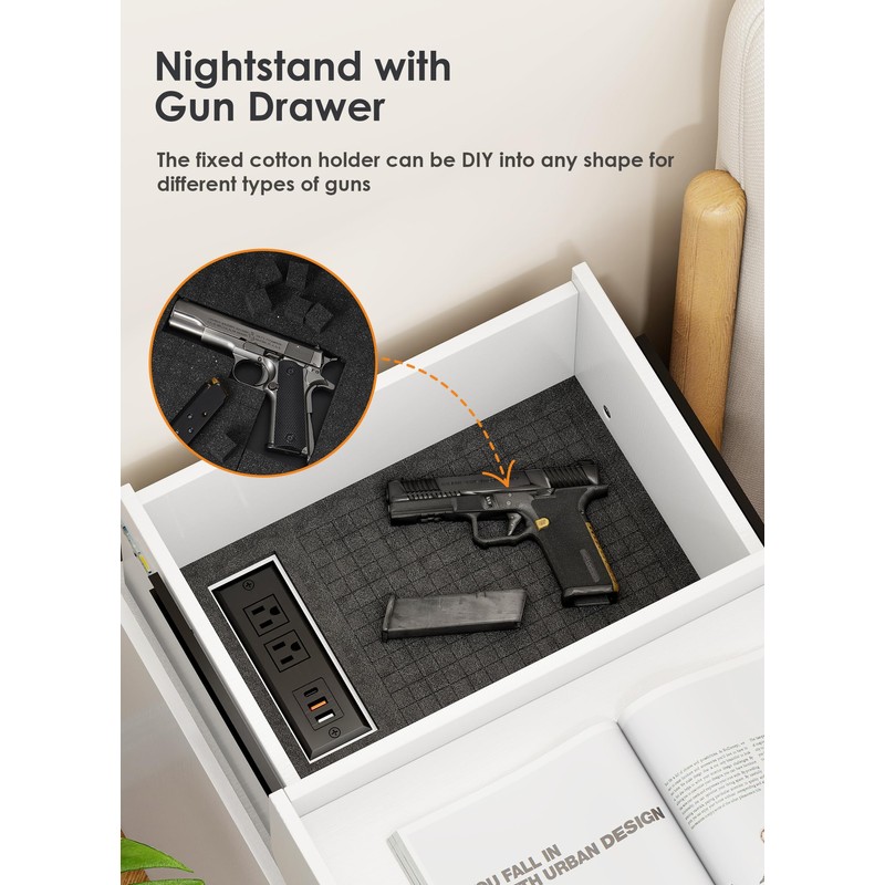 Turosur LED Night Stand with Gun Drawer, Smart Nightstand with