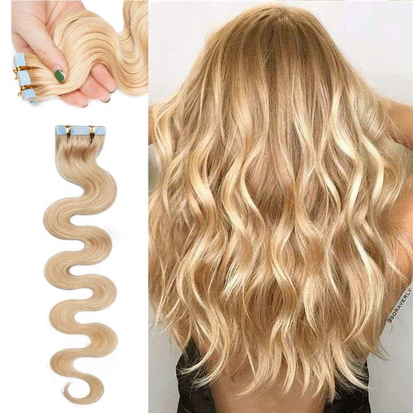 Rich Choices Tape in Hair Extensions Human Hair 40pcs 100g Balayage Natural Blonde 100% Remy Hair Extensions Real Human Hair Seamless Skin Weft Curly Wavy Tape in Hair Extension of 16 inch #24